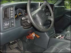 Grassbur's all-leather mountable gun holster can be used for in-vehicle storage of sidearms. Grassbur's all-leather mountable gun holster can be used for in-vehicle storage of sidearms.