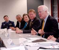 At right, Sen. John Cornyn (R-Texas) meets with other leaders in Beaumont to discuss port security in Texas and what he sees as a system that underfunds security of parts of the nation's infrastructure. At right, Sen. John Cornyn (R-Texas) meets with other leaders in Beaumont to discuss port security in Texas and what he sees as a system that underfunds security of parts of the nation's infrastructure.