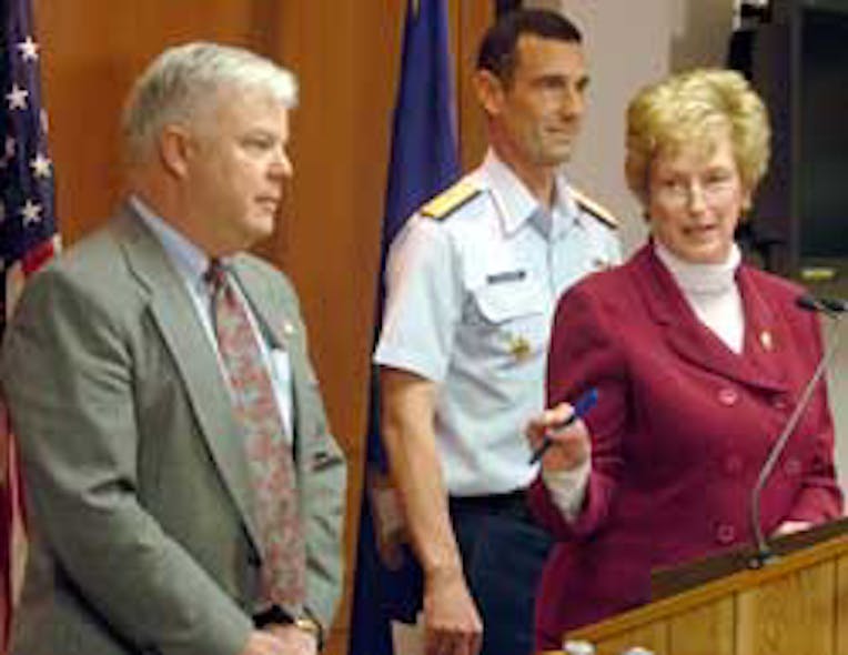 Connecticut Gov. M. Jodi Rell answers a question during a news conference at the state armory in Hartford, Conn., Thursday, April 7, 2005, during which she declared a massive terror drill that took place, in part, in Eastern Connecticut a success. From le
