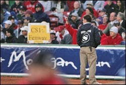 A Fenway Park security guard stands near the spot of an incident between a fan and New York Yankee right fielder Gary Sheffield during the first inning of a game between the Boston Red Sox and Tampa Bay Devil Rays in Boston, Friday April 15, 2005. A Fenway Park security guard stands near the spot of an incident between a fan and New York Yankee right fielder Gary Sheffield during the first inning of a game between the Boston Red Sox and Tampa Bay Devil Rays in Boston, Friday April 15, 2005.