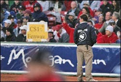 A Fenway Park security guard stands near the spot of an incident between a fan and New York Yankee right fielder Gary Sheffield during the first inning of a game between the Boston Red Sox and Tampa Bay Devil Rays in Boston, Friday April 15, 2005.