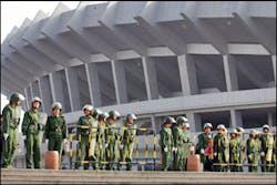 Paramilitary police stand outside the stadium before the 2005 Asian Champions League match between Japan's Yokohama F Marinos and China's Shandong Luneng in Jinan in China's Shandong province Wednesday, May 11, 2005. Thousands of police, security guard Paramilitary police stand outside the stadium before the 2005 Asian Champions League match between Japan's Yokohama F Marinos and China's Shandong Luneng in Jinan in China's Shandong province Wednesday, May 11, 2005. Thousands of police, security guard