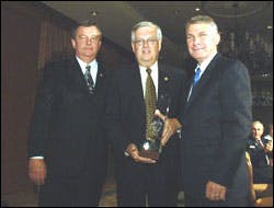 Curt Weldon (center) received the Silent Defender Award from ICC Foundation President Paul Myers (left) and ICCF Chairman and International Code Council CEO James Lee Witt. Weldon talked about his visit last year to a Russian school which was taken over b