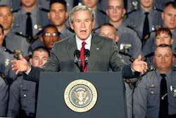 President Bush speaks about the Patriot Act at Ohio State Patrol Academy Thursday, June 9, 2005, in Columbus, Ohio. Revisions to the act that would give more powers to police have been approved by the Senate Intelligence Committee.