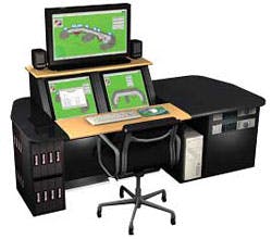 Winsted&apos;s new consoles are capable of support two 21-inch racked LCD monitors, plus a space for a large LCD or plasma screen. Lower cabinets offer additional storage spaces.