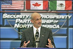 Homeland Security Secretary Michael Chertoff speaks after holding a meeting with his Canadian and Mexican counterparts on the Security and Prosperity Partnership of North America initiative, in Ottawa, Canada, Monday, June 27, 2005. Canada, Mexico and the Homeland Security Secretary Michael Chertoff speaks after holding a meeting with his Canadian and Mexican counterparts on the Security and Prosperity Partnership of North America initiative, in Ottawa, Canada, Monday, June 27, 2005. Canada, Mexico and the