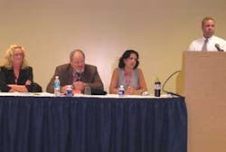 Panelists (left to right: Susan Brady, Security Dealer; Ron Walters, SIAC; Patty Bimonte, Miami-Dade Police Department; Doug Bassett, Brink's Home Secuirty) discuss alarm management at the 2005 Americas Fire & Security Expo. Panelists (left to right: Susan Brady, Security Dealer; Ron Walters, SIAC; Patty Bimonte, Miami-Dade Police Department; Doug Bassett, Brink's Home Secuirty) discuss alarm management at the 2005 Americas Fire & Security Expo.