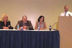 Panelists (left to right: Susan Brady, Security Dealer; Ron Walters, SIAC; Patty Bimonte, Miami-Dade Police Department; Doug Bassett, Brink&apos;s Home Secuirty) discuss alarm management at the 2005 Americas Fire &amp; Security Expo.