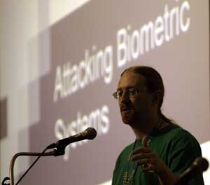 A security analyst who goes by the name 'Zamboni' speaks about attacking Biometric Systems at the Defcon Convention Friday, July, 29, 2005 in Las Vegas. Defcon is where Internet security experts, law enforcement officials and hackers are supposed to share