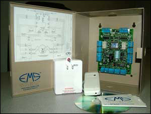 The Option-2 system includes enclosure with keylock, Option-2 board, serial cable, and software CD. Transformers, power supplies, readers, access cards and locking devices are shown for comparison and are sold separately.