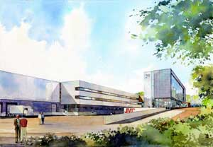 An artist's rendering shows the look of JVC Europe's new headquarters in North London, which will be opening on Oct. 17.