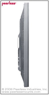 Peerless Industries flat-panel mounts can handle flat and tilt mounts up to 102 inches. Pictured is the company&apos;s flat-mount unit for holding a screen up to 102 inches in size.