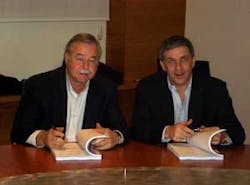 Tom Polson, President of ADI (left) and Jean-Francios Gazielly, CEO of Gardiner Groupe Euorpe (right), formalize the acquisition of Gardiner Groupe by Honeywell/ADI. Tom Polson, President of ADI (left) and Jean-Francios Gazielly, CEO of Gardiner Groupe Euorpe (right), formalize the acquisition of Gardiner Groupe by Honeywell/ADI.