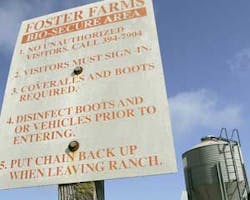 A sign detailing security measures at a Foster Farms facility is shown April 13, 2006 in Merced, Calif. 'Biosecurity' is the buzzword at chicken, turkey and egg operations across the country. A bird flu pandemic sweeping through flocks in Southeast Asia a A sign detailing security measures at a Foster Farms facility is shown April 13, 2006 in Merced, Calif. 'Biosecurity' is the buzzword at chicken, turkey and egg operations across the country. A bird flu pandemic sweeping through flocks in Southeast Asia a