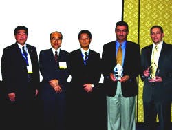 TOA Electronics leaders (left) present the awards to representatives from ASR Enterprises and NFS Communications during ISC West 2006. TOA Electronics leaders (left) present the awards to representatives from ASR Enterprises and NFS Communications during ISC West 2006.