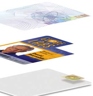 Layering features makes a card harder to duplicate, and more recognizable to your security staff. Shown here (top to bottom): 1) overlay that can feature morphing designs (color and patterns can change), and which may also include hidden text and even nan