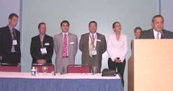 HID Global's Humberto De la Vega (at podium), director of sales for Latin America and the Caribbean, introduces the team who will be handling Latin American accounts. The company has officially focused on this growing market for smart cards and integrated HID Global's Humberto De la Vega (at podium), director of sales for Latin America and the Caribbean, introduces the team who will be handling Latin American accounts. The company has officially focused on this growing market for smart cards and integrated