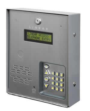 Linear's AE-100 telephone entry system supports a directory 125 users or personal entry codes, and can be fully programmed using the keypad.