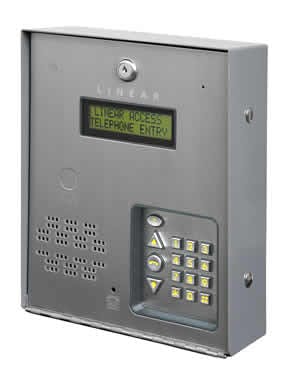 Linear&apos;s AE-100 telephone entry system supports a directory 125 users or personal entry codes, and can be fully programmed using the keypad.