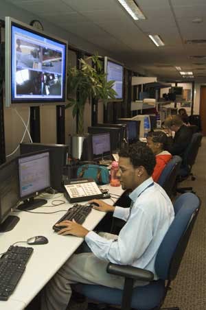 The special operations room at ADT&apos;s Aurora, Colo., facility is a far cry from residential monitoring. Video feeds, access control information and a host of alarm data is fed to call center responders who can assist in dealing with situations in real-time