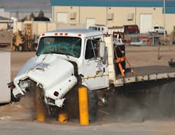 A Boon Edam Tomsed bollard is tested against a heavyweight vehicle. A Boon Edam Tomsed bollard is tested against a heavyweight vehicle.