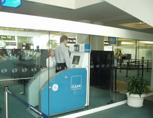 GE Security unveiled its full-featured kiosk for the TSA Registered Traveler program. The GE kiosk is being used with Verified's Clear program (the TSA Registered Traveler program is managed at the individual level by private companies, but overseen by th