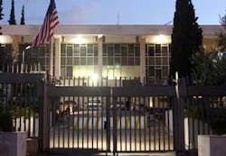 The U.S. Embassy is seen after an explosion in Athens early Friday, Jan. 12, 2007. Police cordoned off streets around the U.S. Embassy in Athens early Friday, Jan. 12, 2007, after an explosion inside the embassy compound. The U.S. Embassy is seen after an explosion in Athens early Friday, Jan. 12, 2007. Police cordoned off streets around the U.S. Embassy in Athens early Friday, Jan. 12, 2007, after an explosion inside the embassy compound.