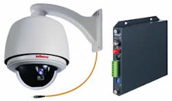 The Infinova SuperDome Series of indoor and outdoor analog PTZ dome cameras have 10-bit digital fiber optic transceivers as a built-in option. The Infinova SuperDome Series of indoor and outdoor analog PTZ dome cameras have 10-bit digital fiber optic transceivers as a built-in option.