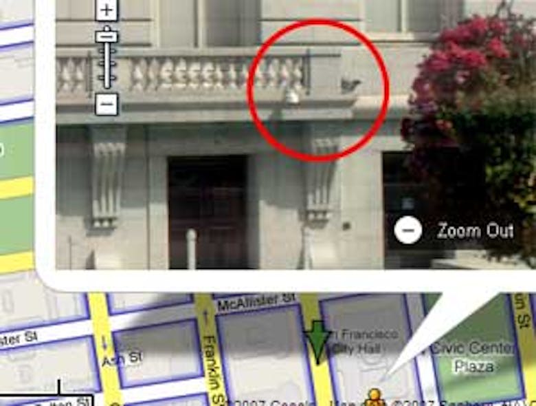 An image on Google Maps&apos; new tool &apos;Street View&apos; can be zoomed in to identify locations of cameras on San Francisco&apos;s City Hall