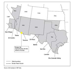The U.S. Southern Border, as illustrated in a recent GAO report. The yellow mark represents an area slightly wider than the current 28-mile Project 28 virtual border fence prototype, underscoring the scope of work left to do before the new 2011 deadline.