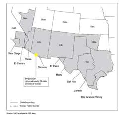 The U.S. Southern Border, as illustrated in a recent GAO report. The yellow mark represents an area slightly wider than the current 28-mile Project 28 virtual border fence prototype, underscoring the scope of work left to do before the new 2011 deadline. The U.S. Southern Border, as illustrated in a recent GAO report. The yellow mark represents an area slightly wider than the current 28-mile Project 28 virtual border fence prototype, underscoring the scope of work left to do before the new 2011 deadline.