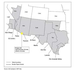 The U.S. Southern Border, as illustrated in a recent GAO report. The yellow mark represents an area slightly wider than the current 28-mile Project 28 virtual border fence prototype, underscoring the scope of work left to do before the new 2011 deadline.