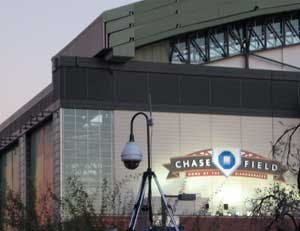 Chase Field (home of the Arizona Diamondbacks baseball team) in Downtown Phoenix was surrounded by the nexus of hoopla surrounding pre-Super Bowl festivities. Surveillance units on tripods with mesh backbones aided in securing the area.