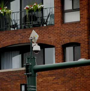 A network surveillance camera installed by Fluidmesh Networks and Abel Electronics in the downtown area of Birmingham, Mich.