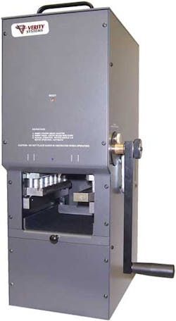 Verity Systems' new VS7000 hard drive detroyer demolishes all standard hard drives and laptop drives in less than 15 seconds with the help of a manually powered crank. The VS7000 is also maintenance free and self-contained. Verity Systems' new VS7000 hard drive detroyer demolishes all standard hard drives and laptop drives in less than 15 seconds with the help of a manually powered crank. The VS7000 is also maintenance free and self-contained.