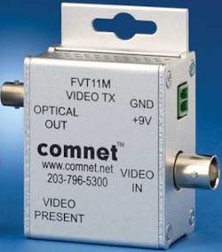 The FVT11-m mini fiber optic video transmitter is ComNet&apos;s first fiber optic product. It converts a single baseband video channel to an optical signal and transmits it up to 2.5km to a fiber optic receiver where it is converted back to baseband video for