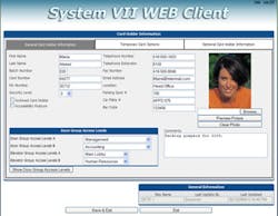 A screen capture shows the remote, web-client access to the Keyscan System VII card-holder interface for managing the access control system.