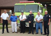 (l-r) Ohio Township Volunteer Fire Department Assistant Chief Chad Woodburn, Chad Bennett of Five Star Security Systems, President of Ohio Township Volunteer Firefighters Association Alan Holley, Treasurer Paul Dunbar, Chief James Bealmear and Board Memb