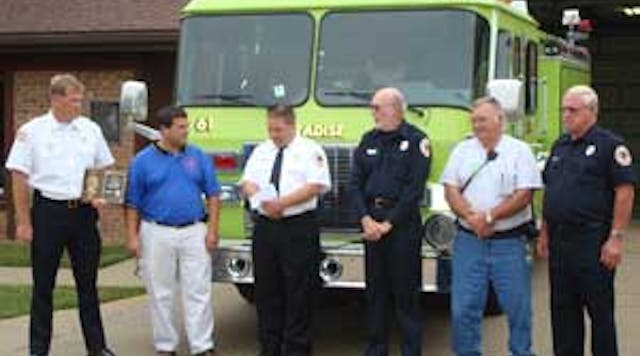 (l-r) Ohio Township Volunteer Fire Department Assistant Chief Chad Woodburn, Chad Bennett of Five Star Security Systems, President of Ohio Township Volunteer Firefighters Association Alan Holley, Treasurer Paul Dunbar, Chief James Bealmear and Board Memb