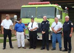 (l-r) Ohio Township Volunteer Fire Department Assistant Chief Chad Woodburn, Chad Bennett of Five Star Security Systems, President of Ohio Township Volunteer Firefighters Association Alan Holley, Treasurer Paul Dunbar, Chief James Bealmear and Board Memb (l-r) Ohio Township Volunteer Fire Department Assistant Chief Chad Woodburn, Chad Bennett of Five Star Security Systems, President of Ohio Township Volunteer Firefighters Association Alan Holley, Treasurer Paul Dunbar, Chief James Bealmear and Board Memb