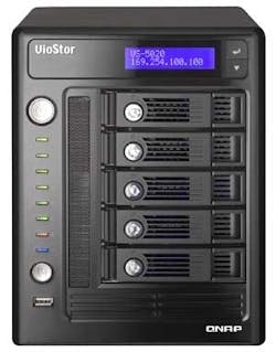 Designed to meet the high security demand of the business market, QNAP&apos;s VioStor-5020 NVR combines a number of industry-leading features, such as 20-channel real-time recording, five hot swappable SATA drives, dual Giga LAN, and advanced RAID configuratio