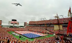 In this 1998 file photo, a B-52 bomber flies over Raymond James Stadium as the Tampa bay Buccaneers prepare to play their first football game at the stadium. Tampa will be hosting its fourth Super Bowl on Feb. 1, 2009. (AP Photo/File, Scott Martin) In this 1998 file photo, a B-52 bomber flies over Raymond James Stadium as the Tampa bay Buccaneers prepare to play their first football game at the stadium. Tampa will be hosting its fourth Super Bowl on Feb. 1, 2009. (AP Photo/File, Scott Martin)