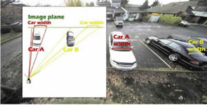 The length of the black car (right) is flattened onto the image plane along a steep tangent angle so it appears stretched. Yet the width of the two cars is the same because they are in the same plane perpendicular to the camera.