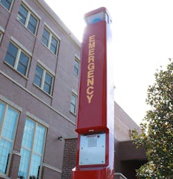 The Talk-a-Phone emergency towers at Florida State are custom painted in garnet with gold lettering. The Talk-a-Phone emergency towers at Florida State are custom painted in garnet with gold lettering.