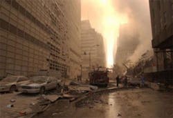 A view of the wreckage surrounding the World Trade Center in the aftermath of the 9-11 terror attacks.