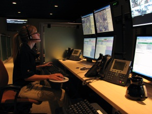 A Westec intervention specialist in the company's central command center interacts via audio and talks to one of their locations across the country.