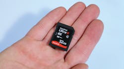 SD cards are typically the size of a postage stamp and fit into a card slot inside supported cameras.