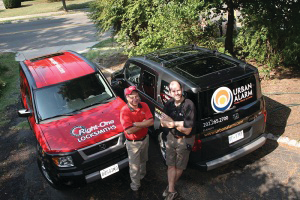 Rick Karas, president of Right-One Security (left), and Miles Fawcett, president of Urban Alarm meet to talk about sharing business leads on security projects.