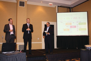 (left to right) Aaron Davis, Jeff Drees and Marty Hanna of Schneider Electric discuss energy efficiency and sustainability at the North American Editor's Event in Chicago.