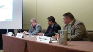 (Left to right) Bill Minear of TruSys, Carlos Pinel of Cisco Systems and Mike Faddis of Microsoft provide input to manufacturers, end users and other attendees at the 2011 ASIS conference informational breakfast.